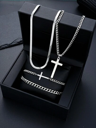 4/10pcs Stainless Steel Cross & Twist Chain Bracelet Necklace Set For Men, Casual Fashion Vacation Date Gift, Daily Street Party Accessory (No Box)
