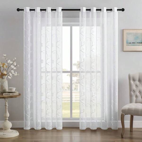 1 szt. Biały nowoczesny haft kwiatowy półprzezroczysty panel zasłonowy z metalowymi przelotkami, łatwy montaż, wielorozmiarowy, lekka dekoracyjna zasłona do sypialni, biura, salonu, jadalni, patio, balkonu