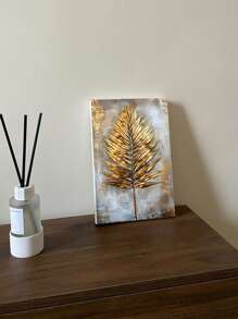 3pcs Golden Leaf And Feather Art Painting - Modern/Classic Style, Golden Color, Leaf Pattern, Ink On Canvas, Wood Frame, For Bedroom/Living Room/Home Office/Cafe/Bar, Indoor/Outdoor Wall Decoration, Vertical Orientation, Suitable For Summer/Autumn Season, Fashion Theme,Framed Poster/Art Print, Gifts Birthday Graduation