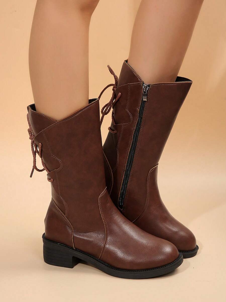 Giày bốt nữ đế giữa mới thu đông 2024, thiết kế đế bằng và cao, khóa kéo bên hông, đế mềm bằng da thật thời trang thường ngày - màu nâu - Xem 1
