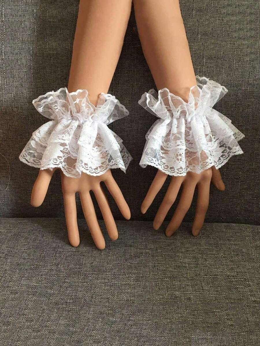 钩指网眼手套婚纱黑色蝴蝶结短手套，简约修身手套，优雅蝴蝶结装饰蕾丝无指手套，适合派对万圣节 - 彩色 - 查看 1