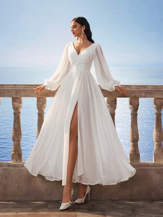 HEARBOBO Vintage Ancient Greek Chiffon V-Neck Off-The-Shoulder Long-Sleeve Slit Thigh Prom Dress, Elegant&Romantic Bridal Shower Dresses