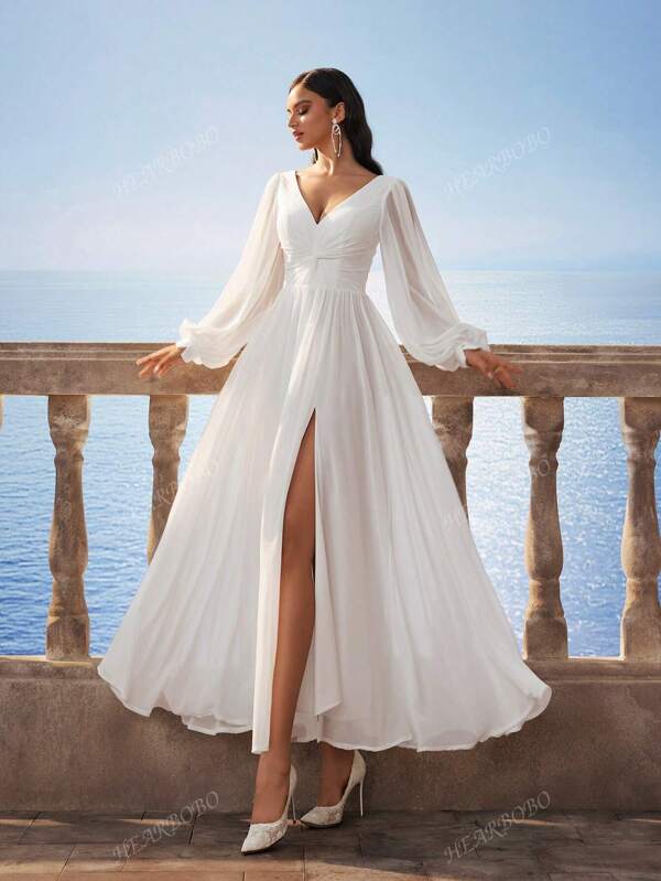 Vintage Greek Style Chiffon V-Neck Backless Long Sleeve Split Hem Dress, Elegant Romantic Bridal Gown For Occasion And Daily Wear, Wedding Dress,Bride