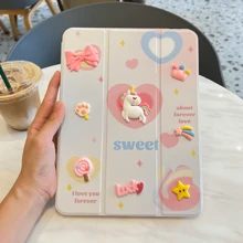 Heart Apple 1pc Pink PU Unicorn Decal Tri-Fold Flip Cover Stand Function & Pen Slot, Compatible With Ipad Models - Pink - View 2