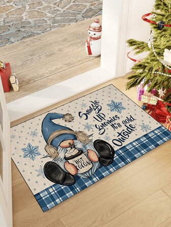 1pc 'White And Blue Snow Flakes Background,A Christmas Gnome Drinking Hot Cocoa' Doormat, Indoor Mat, Throw Rug, Creative Door Mat, Entryway Themed Mat, Home Decor, Non-Slip Floor Rug Mat, Bedroom Accessories, Photo Props, Outdoor Decor, Throw Rug, Area Rug, Gift