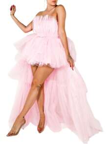 Womens High Low Tulle Dress, Strapless Solid Color Tiered Cocktail Party Dress Prom Gown - Pink - View 2