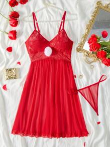 2 件套圣诞网眼娃娃裙配荷叶边细肩带性感内衣睡衣套装