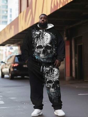 Plus Size 3D Skull Print Hoodie Sweatshirt Set For Men, Front & Back Graphic, Drawstring, Pouch, Pullover Hoodie And Sweatpants