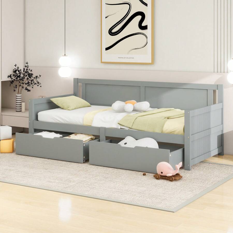 Sweiko Schlafsofa 90*200, Einzelbett mit zwei Ablagefächern, Massivholzrahmen, Massivholzbett, Jugendbett, Kinderbett, weiß