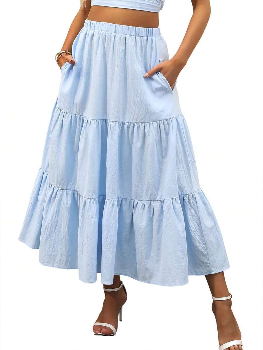 Women's Summer Bohemian Pleated A Word Elegant Swing Layered Long Skirt With Pockets - 淺藍色 - 查看 1