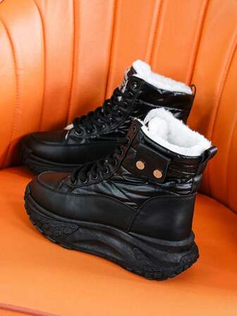 Winter Thermal Lined Short Boots For Women, Thick Fur Snow Boots 2024 New Winter Shoes, Thick Sole Mid-Height Lace-Up Casual Sneakers, Daily Wear Fashion Warm Shoes