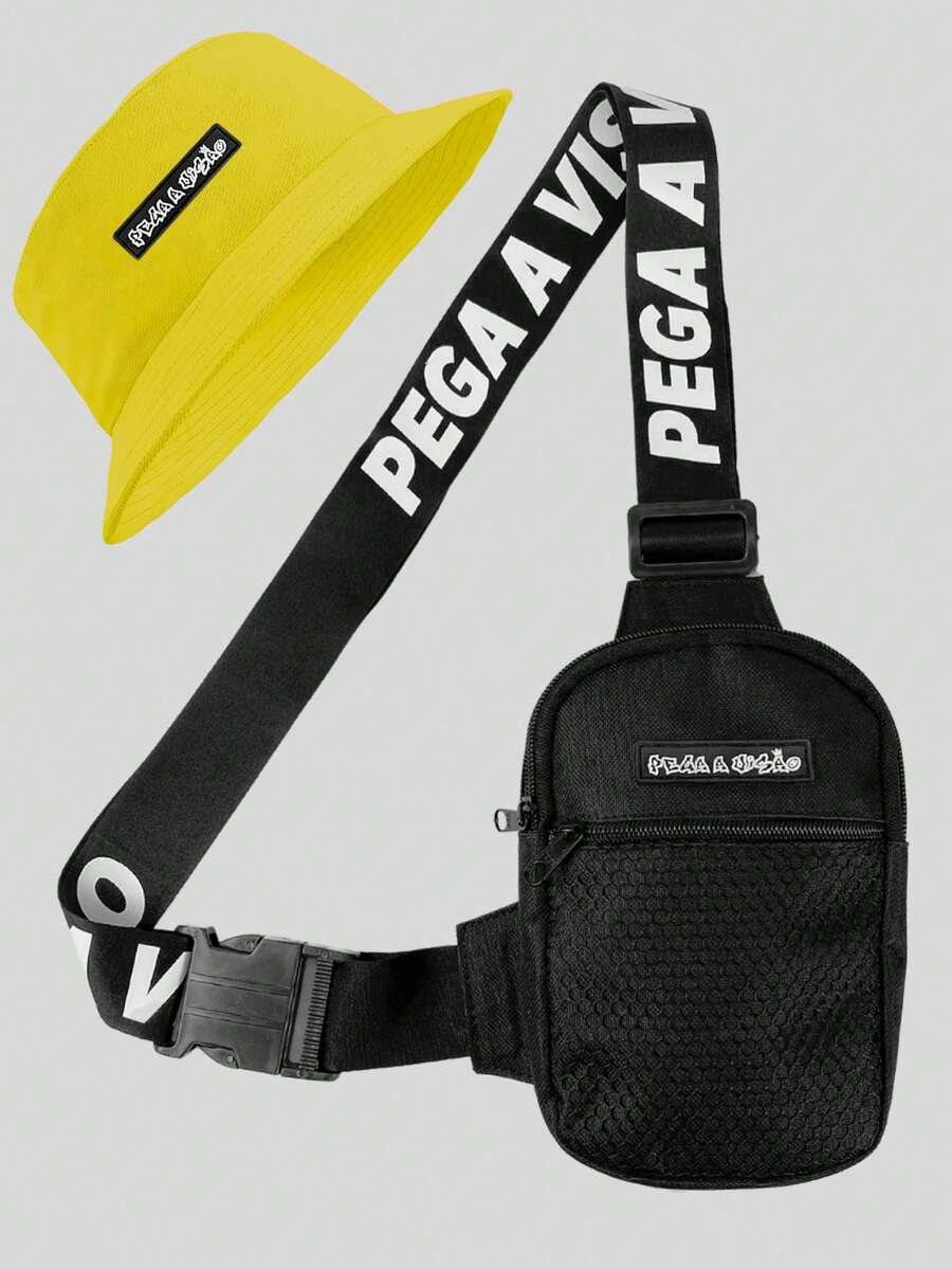 Pega A Visao Shoulder Bag Mini Crossbody Bag Black Wide Strap Black + Men's Bucket Hat Colorful Eye Catcher - 黃色 - 查看 1