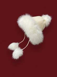 圣诞节/新年红色针织毛绒绒女式捕球帽，可爱、温暖、护耳保暖内衬滑雪帽 - A - 查看 4