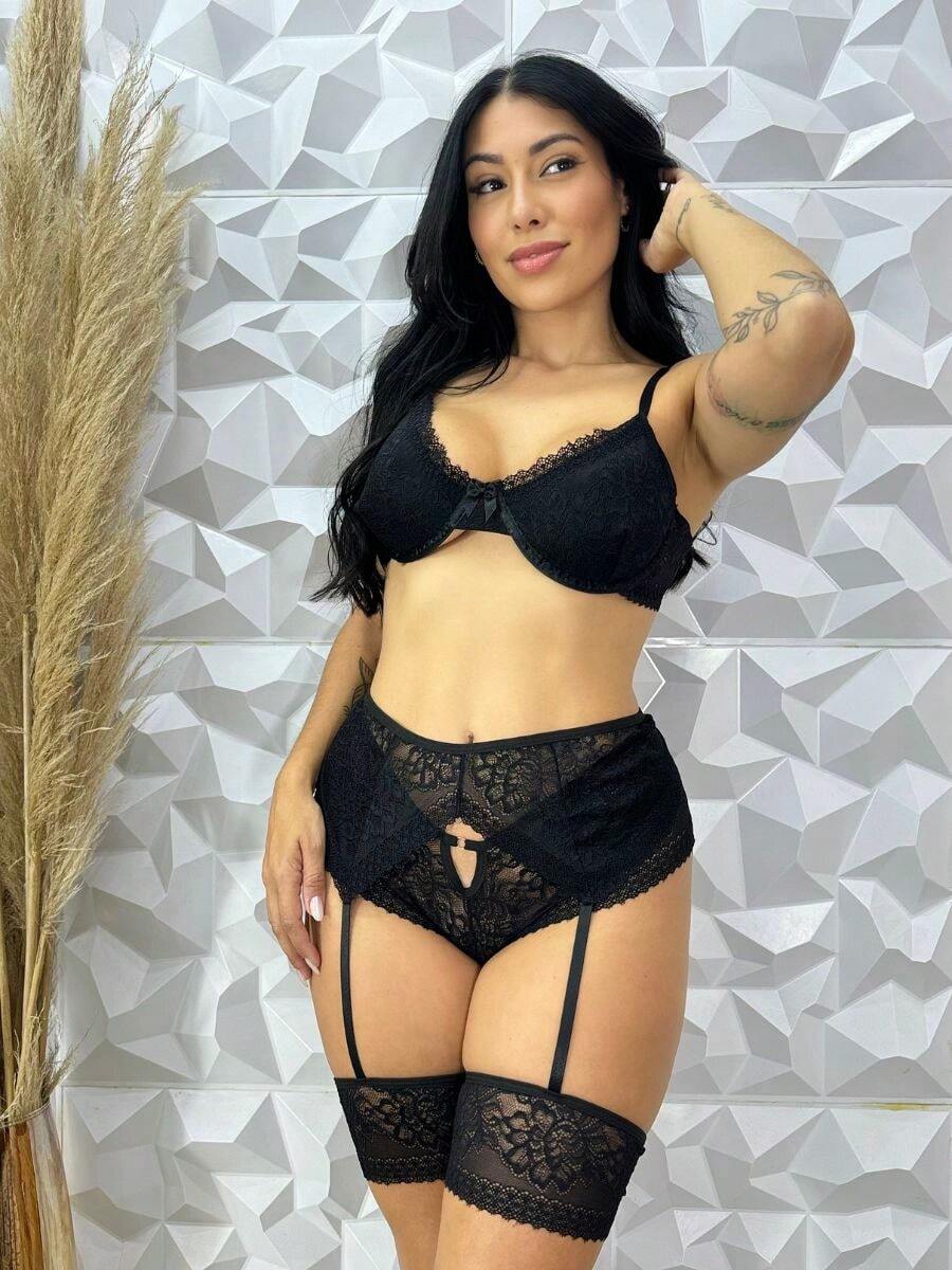 Sexy Lace Garter Belt Lingerie Set - 黑色 - 查看 1