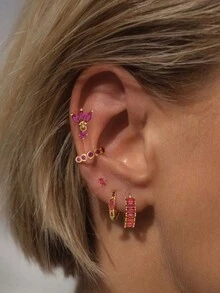 1 Bộ 5 chiếc Hoa tai Zirconia màu đỏ hồng lấp lánh bất đối xứng, Phong cách thanh lịch, nhẹ nhàng, Thích hợp cho tiệc tùng, ngày lễ, hẹn hò hoặc đám cưới - Vàng - Xem 1