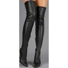 Bota de tacón de aguja de suela única hasta el muslo de punta puntiaguda - Negro - Ver 6