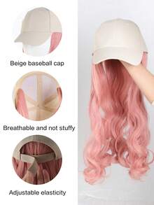 棒球帽假发带粉色波浪卷发接发合成卷发波浪假发帽可调节适合女性女孩 - 粉色 - 查看 3