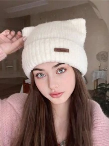 1 件女士针织无檐便帽，带可爱耳朵，冬季和滑雪情人节的温暖头饰 - 彩色 - 查看 20