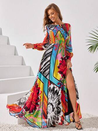 LOVE&LEMONADE Abito lungo da sera con stampa floreale e orlo spaccato, elegante per l'autunno, abito da festa, abito da invitata di matrimonio