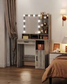 Hzuaneri Hairdresser With Miroir And 10 LED Lights, Makeup Vanité With 3 étagères And 4 Open Compartments, Hairdresser With Grand Hair And Armoire, 3 Adjustable Lights