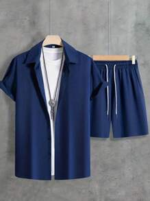 Men's Plain Viscose Set With Button-Down Shirt And Shorts - 藏蓝色 - 查看 1