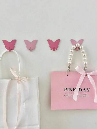 1/3/5Pcs Pink Decorative Wall Hooks With Butterfly Design. No-Drill Hooks. Very Suitable For Girls' Room Decoration. Minimalist Style. Used For Hanging Keychains, Coats, Towels, Hats, Jewelry, Umbrellas, Etc. Suitable For Living Room, Bedroom, Office. Gifts Birthday Graduation