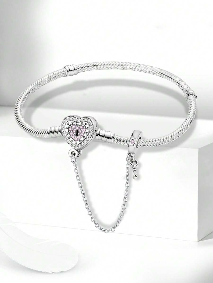 1pc 16-22cm 925 Sterling Silver Heart Beads Snake Bone Bracelet, Gift For Women/Girlfriend, Elegant Women Jewelry - Heart Lock Basic Chain - View 1