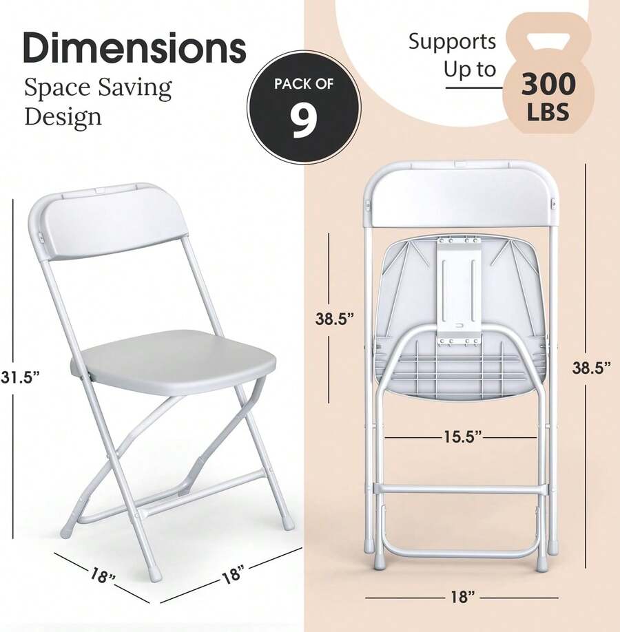 9 Pack White Plastic Chair Foldable & Stackable Capacity Steel
