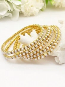 1 set/Múltiple Pulsera de tenis con banda elástica y perlas falsas, color dorado 3MM