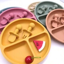 Bneseus 3pcs Silicone Baby Plate Set With Smiling Face Design, Non-Slip Toddler Divided Plate, Fork And Spoon For Dishwasher And Microwave, Suitable For 0-3 Years Old Children