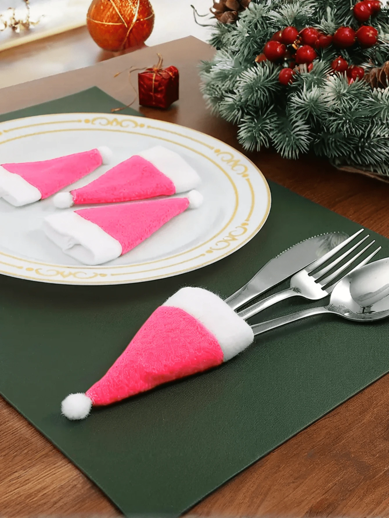 4/6/8/10 件/套节日派对装饰、圣诞刀叉迷你帽、粉色迷你圣诞帽、毛茸茸的圣诞配饰、酒瓶刀叉餐桌装饰 - 粉色 - 查看 1