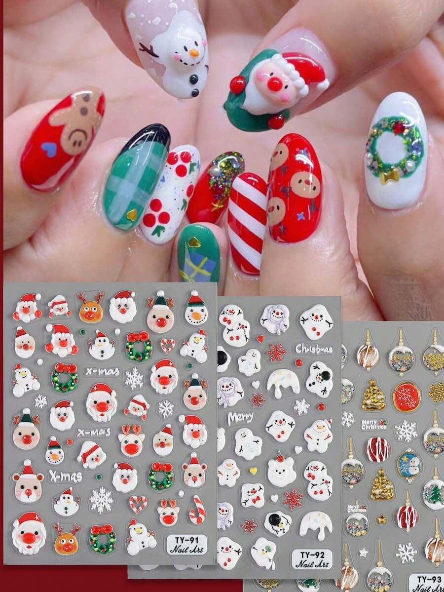 1/3PCS 5D Relief Three-Dimensional Cartoon Santa Nail Stickers Winter Christmas Cute Elk Snowman Snow Crystal Ball Christmas Tree Embossment Jelly Translucent Kawaii Animation Design Holiday Self-Adhesive Stickers Nail Salon DIY Decorative Accessories - Multicolor - View 1