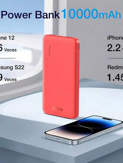 Cargador Portátil Power Bank 10000 mAh: Batería externa compacta y duradera, ideal para celulares. Cuenta con dos puertos USB para cargar múltiples dispositivos. Modelo GAR094 de la marca 1HORA.