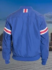 Men Solid Bomber Jacket Striped Tape Slant Pockets Zipper Jacket Zip Up - Blue - View 3