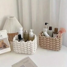 1 pièce Panier de rangement pour cosmétiques tressé, panier de rangement en corde, panier de rangement pour débris de bureau, panier de pique-nique portable, décoration de bureau, organisateur de maquillage, décoration de salle de bain, organisateur de maquillage d'été