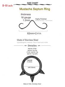 CIZME Mustache Septum Ring Septum Rings Septum Jewelry Septum Rings 16g Septum Piercing Septum Pincher 16 Gauge Septum Nose Rings Mustache Nose Ring Septum Silver Gold Black, - Septum Rings - View 8