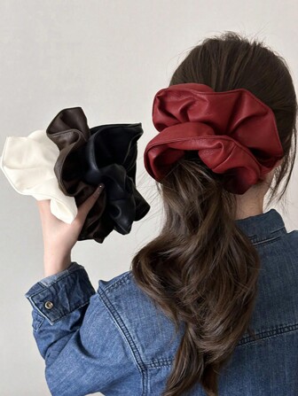 1pc Autumn/Winter Ankyla Red Faux Leather Extra Large Hair Scrunchie, French Vintage Aesthetic High-Quality Scrunchie, Suitable For Buns And Ponytails, Hair Accessories, Scrunchy Hair Ties Scrunchies, Casual Makeup Home Gym Woman Accessories