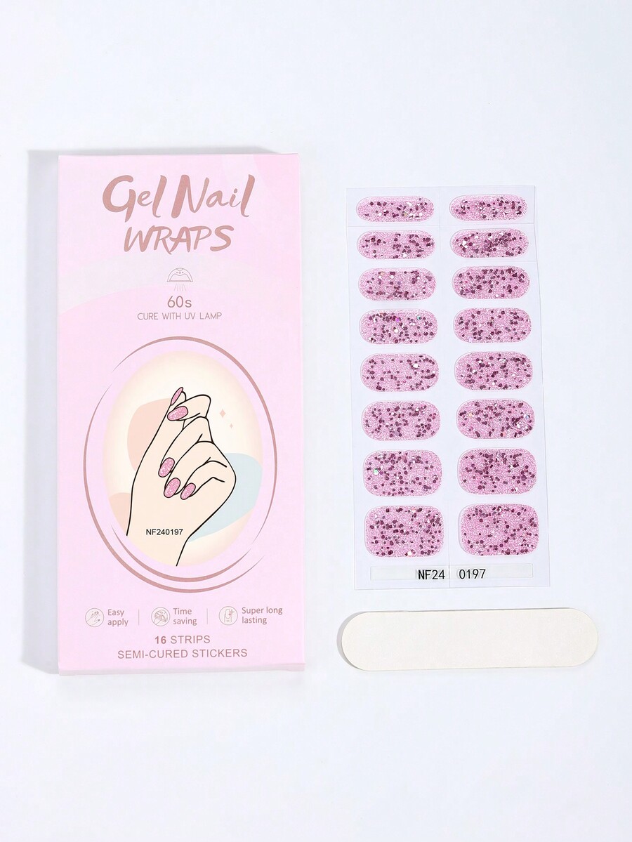 Beauty Sticker 16pcs Semi Cure Gel Nail Strips, Pink Nail Shine Glitter