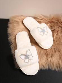 大码女式毛绒拖鞋，带水钻，平底室内/户外拖鞋，秋冬新品 - 白色 - 查看 3