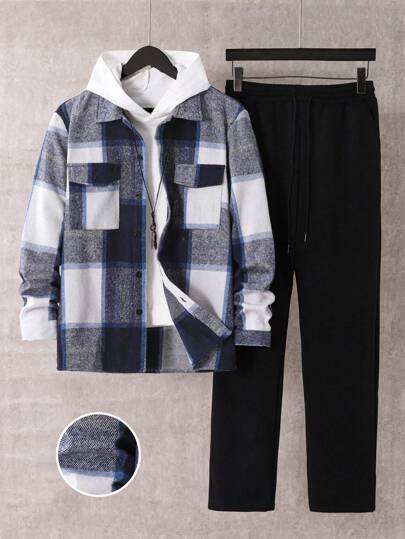 2 peças/conjunto camisa xadrez masculina de manga comprida mais grossa com bolsos e cordão na cintura calças soltas, outono