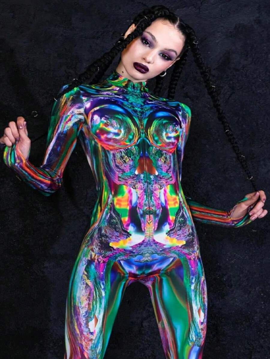 Fantasy Multi-Color 3D Printed Spandex Jumpsuit Women's Halloween Comic-Con Party Ladies Cosplay Halloween Costumes And Christmas Performance Outfits - Multicolor - View 1