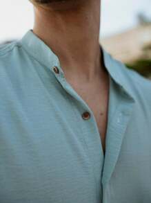Men's Short Sleeve Shirt With Priest Collar Premium Quality Light And Fresh Fabric Easy To Iron - 藍色 - 查看 4