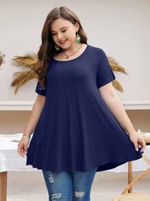 Huskary Plus Size Tops For Women Round Neck Short Sleeve Shirts Casual Summer Clothes Tunics For Leggings - 藏蓝色 - 查看 3