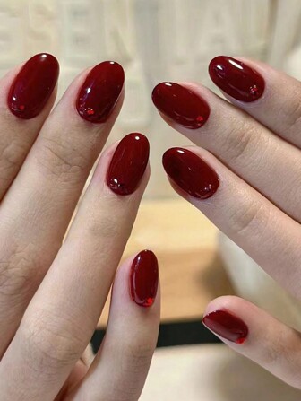 10Pcs Handmade Burgundy Solid Color Short Square Fake Nails With 1Pc Jelly Gel Sheet And 1Pc Nail File Press On Nails Nail Supplies Nails