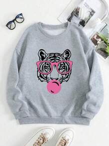 Áo nỉ cổ tròn in hình họa tiết phong cách thường ngày cho bé gái tuổi teen, chất liệu dày dặn, tay dài, thích hợp cho mùa thu/đông - Áo nỉ in hình hổ với gọng kính, dành cho người yêu động vật. - Xám - Xem 5