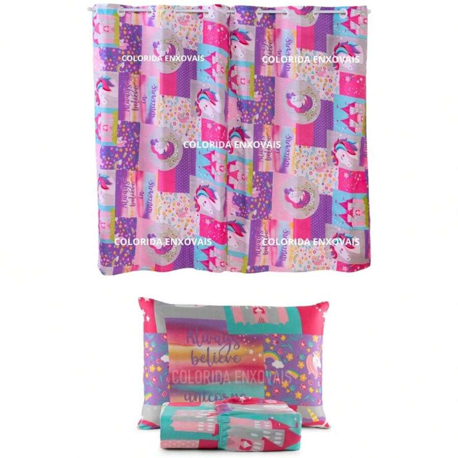 Children's Room Decoration Curtain Kit + Single Sheet Set For Boys/Girls - 玫紅色 - 查看 1