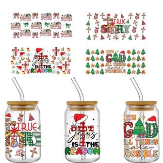 4 件 UV DTF 圣诞系列设计转印贴纸，适用于 16 盎司玻璃杯防水贴纸，Libbey 转印贴纸，不锈钢滚筒乙烯基转印贴纸，彩色设计贴花，UV DTF，适用于马克杯、冰箱、玻璃杯、咖啡杯和任何扁平物体，防水 DIY 装饰（不含杯子）