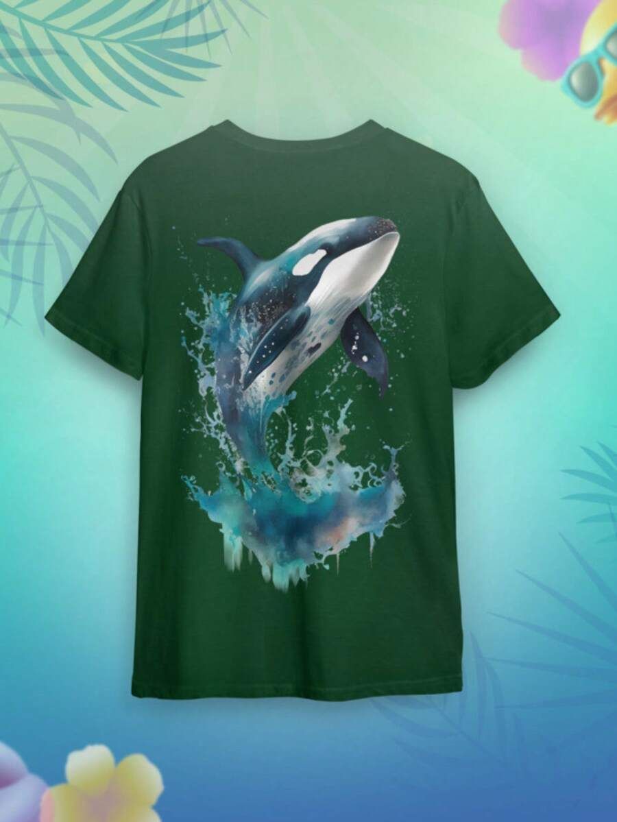 Unisex T-Shirt With Orca Sea Print - 綠色 - 查看 1