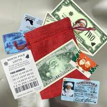 30 piezas/paquete Conjunto de paquetes de regalo perdidos de Papá Noel, Bolsas de regalo de paquete perdido de Papá Noel, Boletos de lotería de Navidad con suerte, Monedas conmemorativas de billetes de Papá Noel, Identificación de la OTAN de Papá Noel, Licencia de conducir, Tarjeta bancaria, Suministros de fiesta de cumpleaños de coleccionistas de fotos, No se requiere electricidad