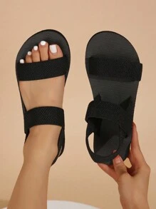 Dép đế bằng cho nữ, Dép hở mũi màu đen thường ngày, đi biển, dép xỏ ngón co giãn - màu đen - Xem 3